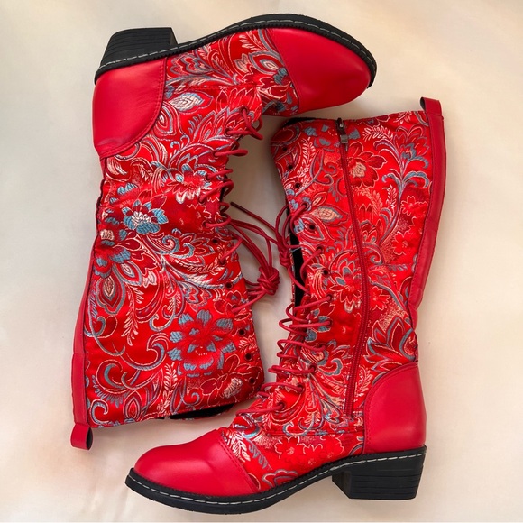 3/$30 Red Floral Lace-Up Boots - Picture 2 of 6